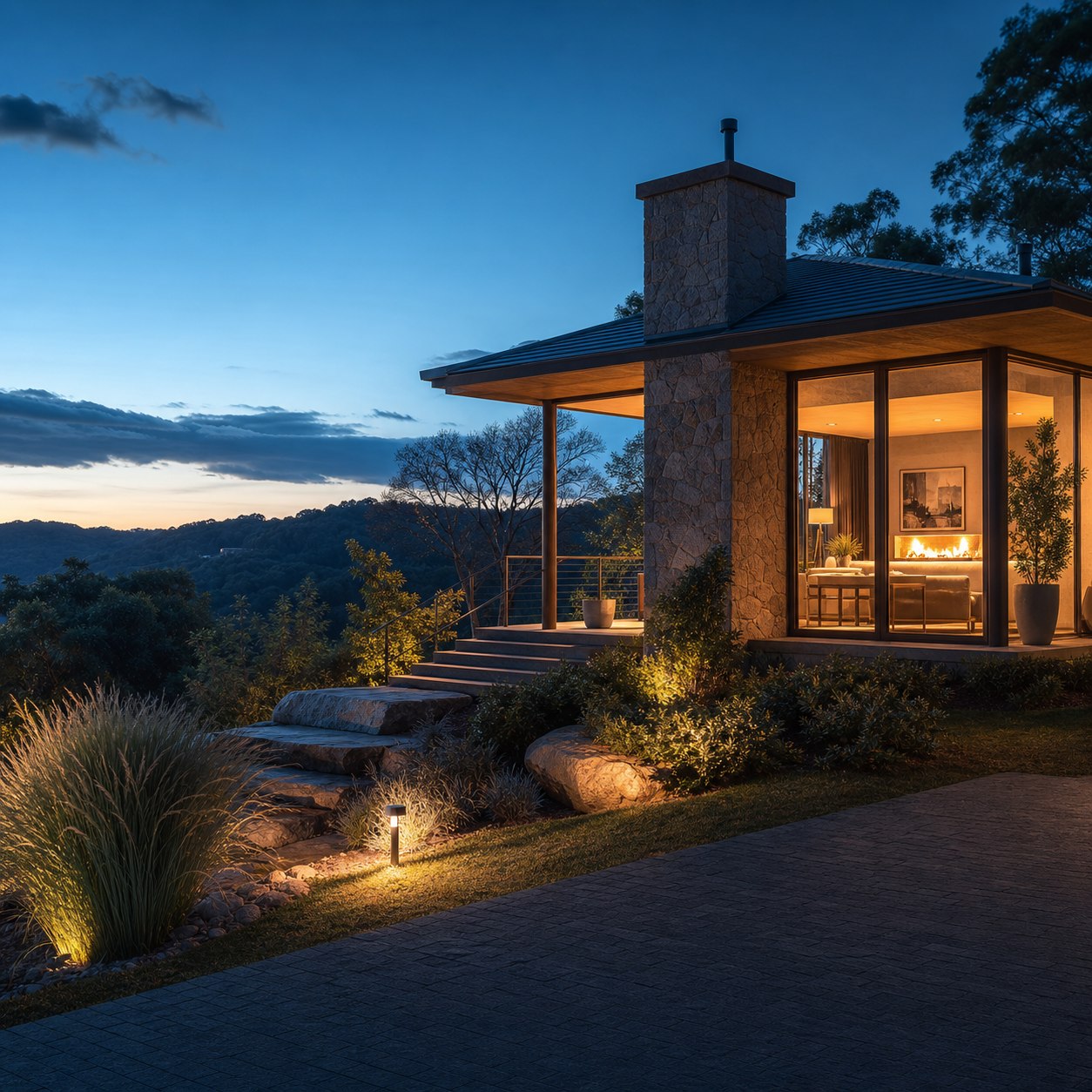Casa contemporânea iluminada ao entardecer, representando um plano de consórcio imobiliário